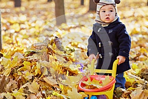 Little boy carries plastic wheelbarrow loaded with