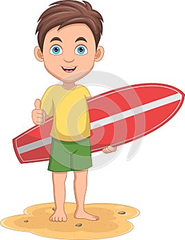 Little Boy carrying a surfboard cartoon