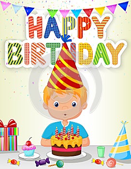 Little boy cartoon blowing birthday candle