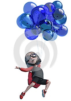 Little boy cartoon holding and floating balloon in a white background botton side view