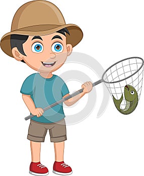 Little boy catches fish with net cartoon