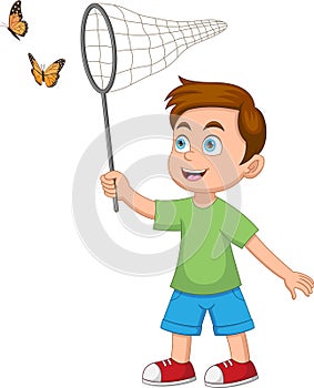 Little Boy catching butterflies with net