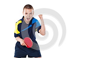 Little boy celebrating flawless victory in table tennis isolated