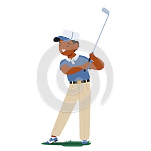 Little Boy Character, Concentrated And Joyful, Stands On Vibrant Green, Swinging His Golf Club With Youthful Enthusiasm