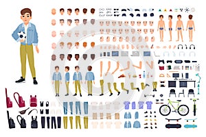 Little boy character constructor. Male child creation set. Different postures, hairstyle, face, legs, hands, clothes photo