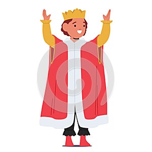 Little Boy Character Dons A Regal King Costume, Complete With Red Velvet Cape And Golden Crown, Radiating Majesty