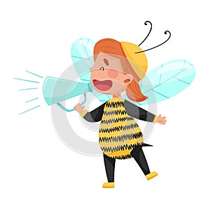 Little Boy Character Dressed in Bee Costume Talking Megaphone or Loudspeaker Vector Illustration