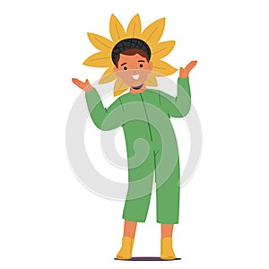 Little Boy Character Dressed In A Flower Costume, With Petals Encircling His Face Like A Blooming Sunflower Blossom