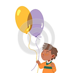 Little Boy Character Holding Balloons Vector Illustration