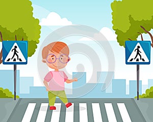 Little Boy Character Learn Traffic Rule Crossing Road Vector Illustration