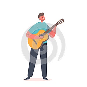 Little Boy Character Playing Acoustic Classic Guitar on Scene. Little Musician with String Instrument Perform on Stage