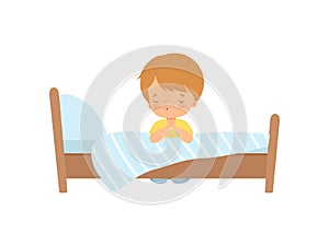 Little Boy Character Praying Beside his Bed Vector Illustration