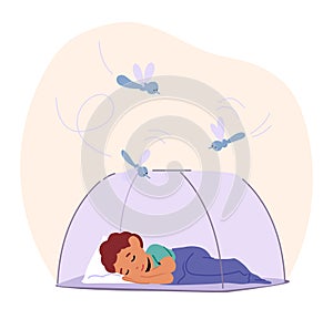 Little Boy Character Sleeps Under Net, Shielded From Mosquitoes. Comforted By Safety, Drifting To Dreamland In Slumber