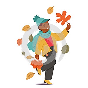 Little Boy Character Strolling Along With Handful Of Vibrant Autumn Leaves In His Hands, Cherishing The Beauty Of Nature