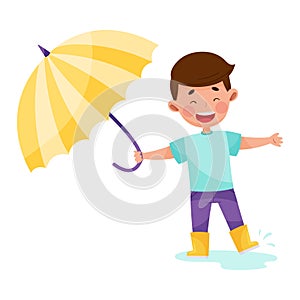 Little Boy Character in Yellow Boots Walking in Rainy Day with Umbrella Vector Illustration