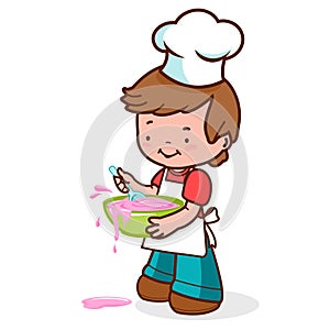 Boy chef cooking in the kitchen. Vector Illustration