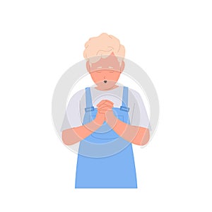 Little boy child cartoon character asking god folding hands in praying position isolated on white