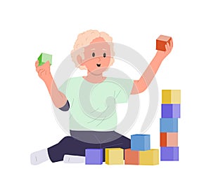 Little boy child cartoon character playing with building blocks sitting on floor isolated on white