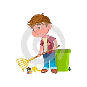 little boy child cleaning trash on street cartoon vector