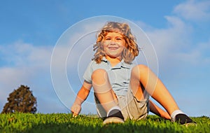 Little boy child with a cute expression face sitting on grass. Cheerful kid having fun on green summer meadow. Children
