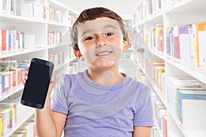 Little boy child holding smartphone smart cell phone library cellphone marketing ad advertising