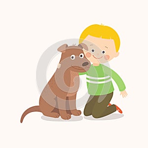 Little boy, child, kid with a brown dog friend, companion.