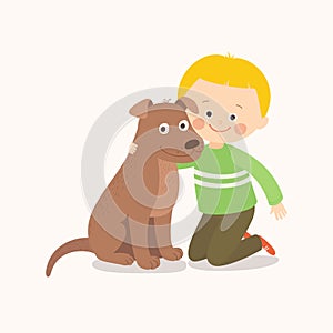 Little boy, child, kid with a brown dog friend, companion. photo