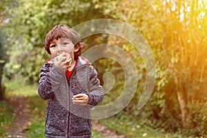 Little boy child kid eating apple fruit outdoor autumn fall copy