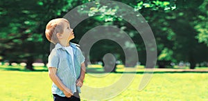 Little boy child outdoors in summer green sunny park and looking up at tree enjoying beautiful nature, blank copy space