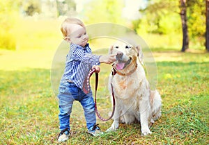 Little boy child playing with Golden Retriever dog on grass