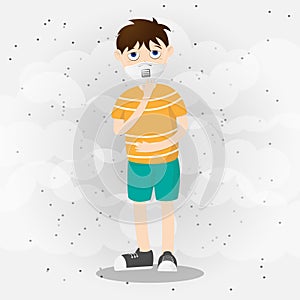 Little boy or child wearing Mask protect pollution Dust PM2.5 with smoke background. Vector illustration in flat cartoon design