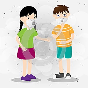 Little boy or child wearing Mask protect pollution Dust PM2.5 with smoke background. Vector illustration in flat cartoon design.