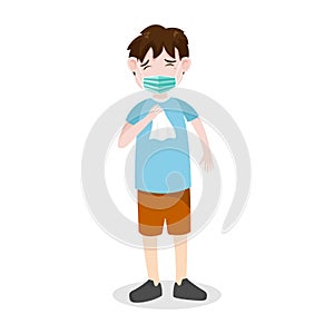 Little boy or child wearing Mask protect pollution Dust PM2.5 with smoke background. Vector illustration in flat cartoon design