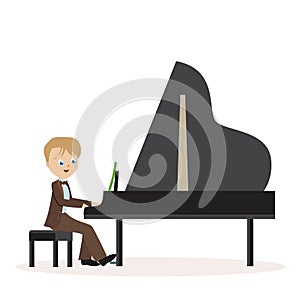 Little boy in a classic suit playing piano. Flat character isolated on white background. Vector, illustration EPS10.