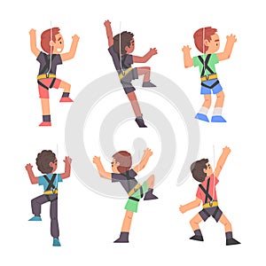 Little Boy Climbing Steep Rock or Wall with Harness Rope Engaged in Bouldering Training Vector Set