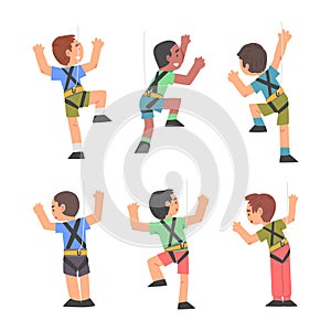 Little Boy Climbing Steep Rock or Wall with Harness Rope Engaged in Bouldering Training Vector Set