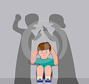 Little boy close ear behind shadow sillhouette parent fight, upset tired son suffering from mom and dad arguing, parental conflict