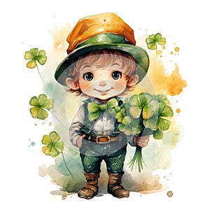 Little boy with clover and leprechaun hat. Watercolor cartoon illustration