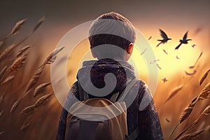 A Little Boy In Corn Field, Inner Child Love Nature Freedom Life Concept - Generative AI