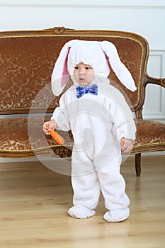 Little boy in costume bunny holding