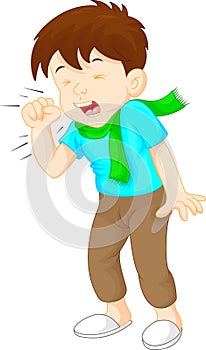 Little boy coughing on white background