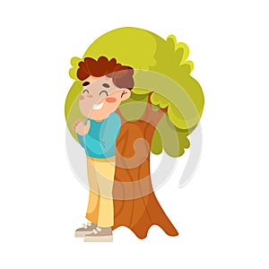 Little Boy Counting Standing Near Tree Playing Hide and Seek Game and Having Fun Vector Illustration