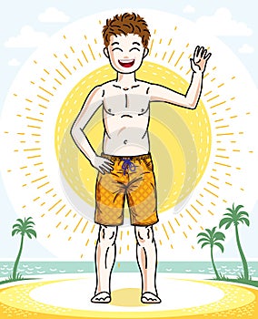 Little boy cute child standing in colorful stylish beach shorts. Vector character.