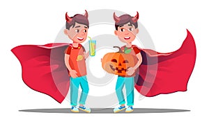 Little Boy With Devil Horns, Cloak And Holding Pumpkin In Hands Vector. Halloween Isolated Illustration