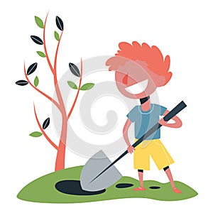 Little boy digging dirt with a shovel. Child gardening