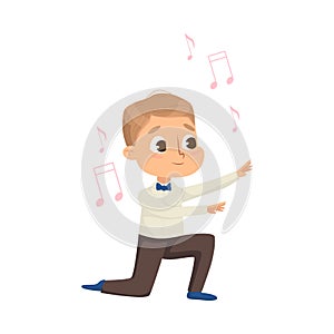 Little Boy Directing or Conducting Musical Orchestra Vector Illustration