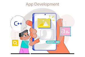 Little boy do programming. Computer science and application development