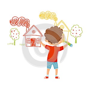 Little Boy Drawing House with Pencil on the Wall Vector Illustration