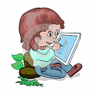 Little boy drawing with tablet PC