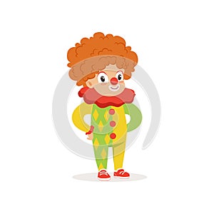 Little boy dressed as a clown, cute kid in halloween costume vector Illustration